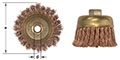 Image shows two views of a knot wire cup brush. The left image presents a frontal view, depicting a bottom view of the diameter and the central hole for attachment. The right view shows a side profile, highlighting the twisted wires and the bronze metal c